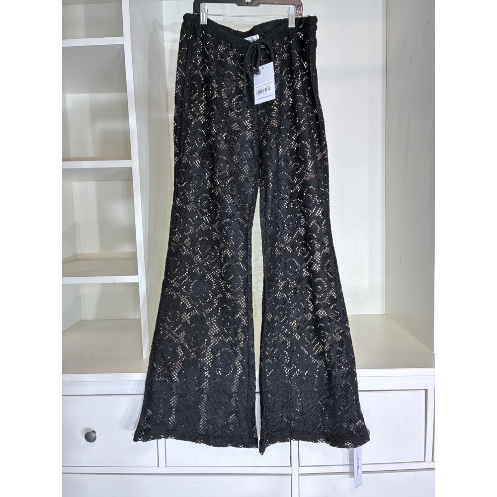 Princess Polly Rosadonna Lace Flare Pants Women US 8 Black Sheer Boho Drawstring